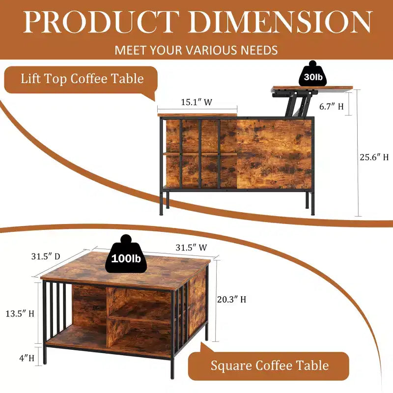 31.5-inch Farmhouse-Style Lift-Top Coffee Table Adjustable Height Living Room Table Multi-Functional Table with Hidden Storage Compartment