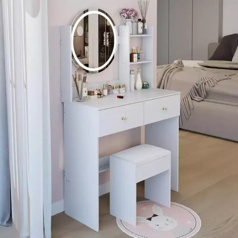 Elegent Makeup Vanity with Round Mirror, Vanity Table with Soft Cushion Stool and Touch Switch, Dressing Table with Ample Storage, White