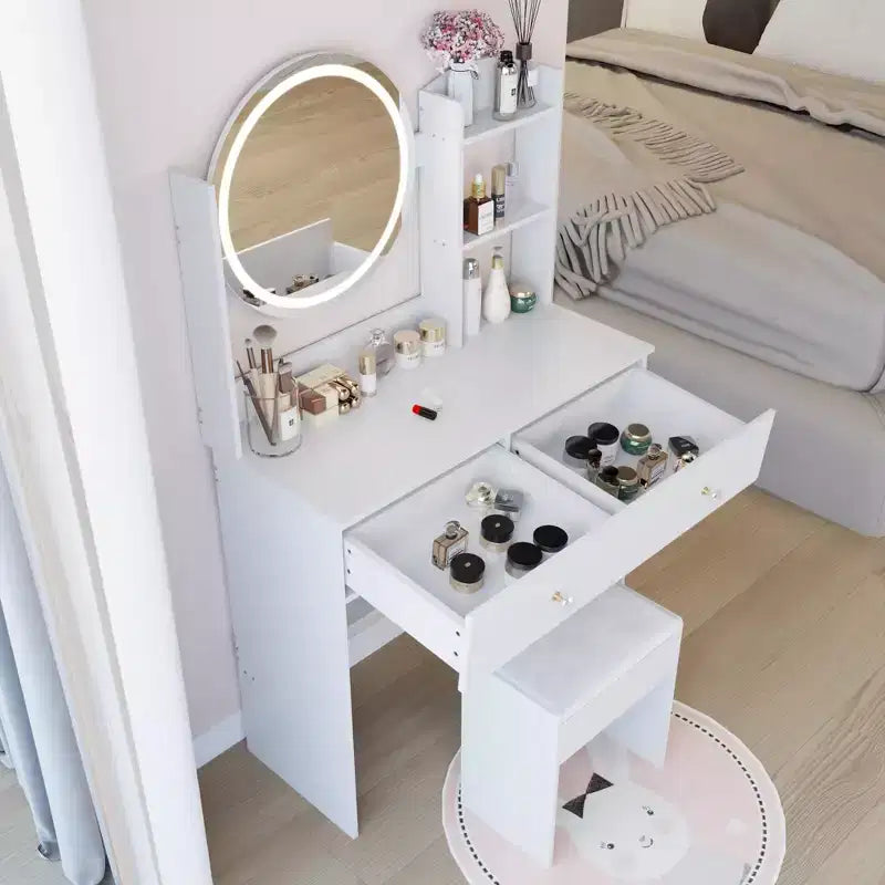 Elegent Makeup Vanity with Round Mirror, Vanity Table with Soft Cushion Stool and Touch Switch, Dressing Table with Ample Storage, White