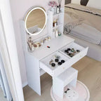 Elegent Makeup Vanity with Round Mirror, Vanity Table with Soft Cushion Stool and Touch Switch, Dressing Table with Ample Storage, White