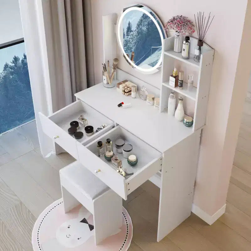 Elegent Makeup Vanity with Round Mirror, Vanity Table with Soft Cushion Stool and Touch Switch, Dressing Table with Ample Storage, White