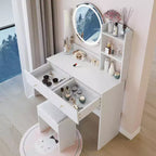 Elegent Makeup Vanity with Round Mirror, Vanity Table with Soft Cushion Stool and Touch Switch, Dressing Table with Ample Storage, White