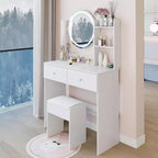 Elegent Makeup Vanity with Round Mirror, Vanity Table with Soft Cushion Stool and Touch Switch, Dressing Table with Ample Storage, White