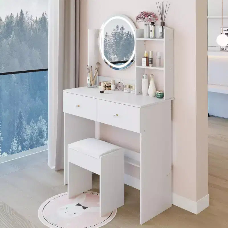 Elegent Makeup Vanity with Round Mirror, Vanity Table with Soft Cushion Stool and Touch Switch, Dressing Table with Ample Storage, White