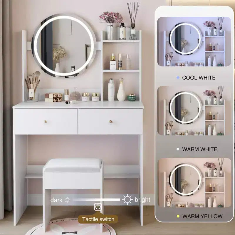 Elegent Makeup Vanity with Round Mirror, Vanity Table with Soft Cushion Stool and Touch Switch, Dressing Table with Ample Storage, White