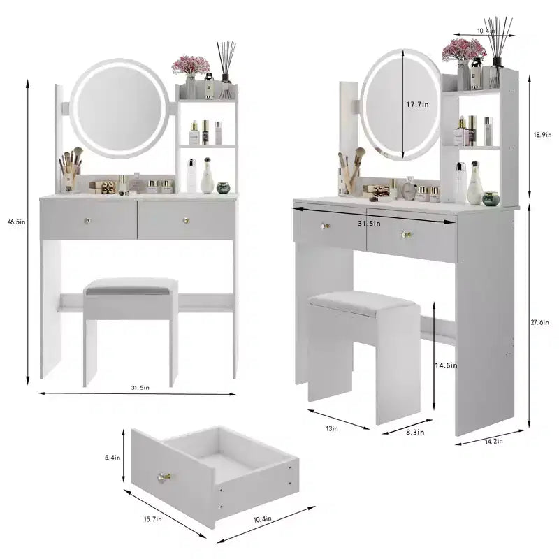 Elegent Makeup Vanity with Round Mirror, Vanity Table with Soft Cushion Stool and Touch Switch, Dressing Table with Ample Storage, White
