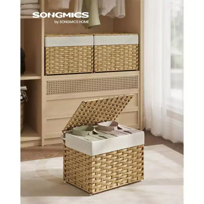 Storage Basket with Lid,Woven Blanket Storage Bin with Handles,Foldable,Removable Liner,Metal Frame,9.2 Gallons (35 L)