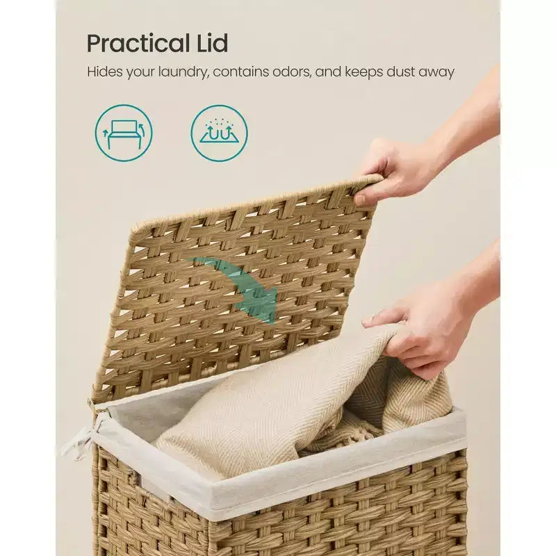 Storage Basket with Lid,Woven Blanket Storage Bin with Handles,Foldable,Removable Liner,Metal Frame,9.2 Gallons (35 L)