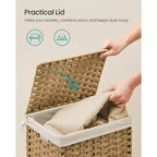 Storage Basket with Lid,Woven Blanket Storage Bin with Handles,Foldable,Removable Liner,Metal Frame,9.2 Gallons (35 L)