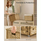 Storage Basket with Lid,Woven Blanket Storage Bin with Handles,Foldable,Removable Liner,Metal Frame,9.2 Gallons (35 L)
