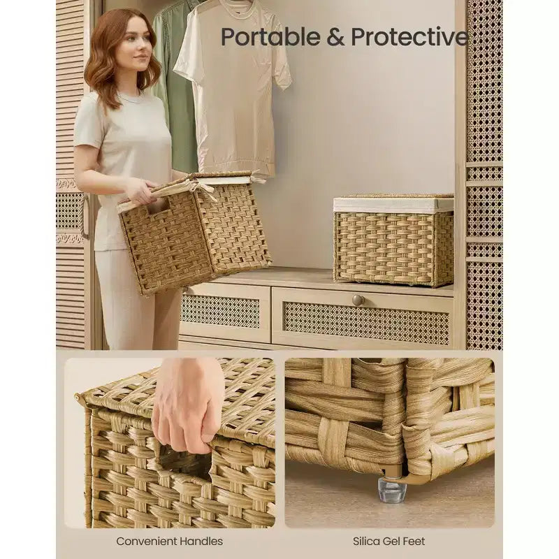 Storage Basket with Lid,Woven Blanket Storage Bin with Handles,Foldable,Removable Liner,Metal Frame,9.2 Gallons (35 L)