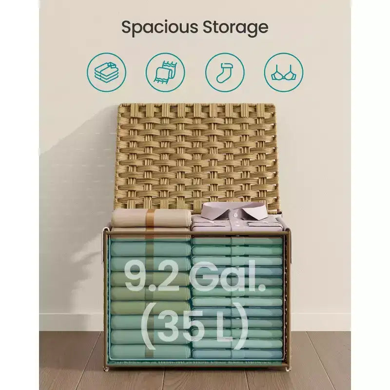 Storage Basket with Lid,Woven Blanket Storage Bin with Handles,Foldable,Removable Liner,Metal Frame,9.2 Gallons (35 L)