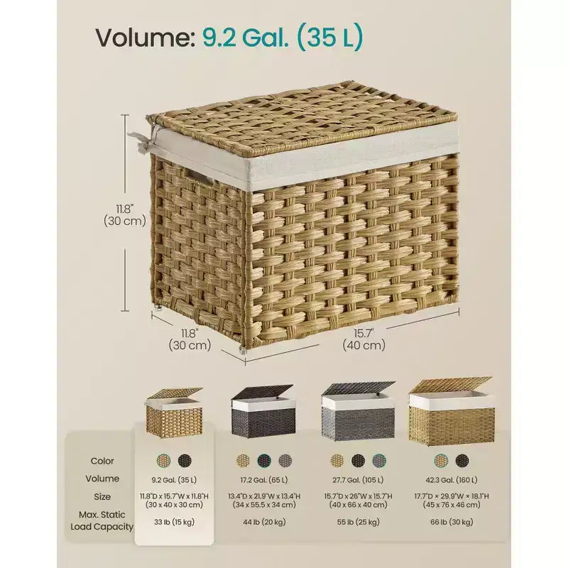 Storage Basket with Lid,Woven Blanket Storage Bin with Handles,Foldable,Removable Liner,Metal Frame,9.2 Gallons (35 L)