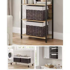 Storage Basket with Lid,Woven Blanket Storage Bin with Handles,Foldable,Removable Liner,Metal Frame,9.2 Gallons (35 L)