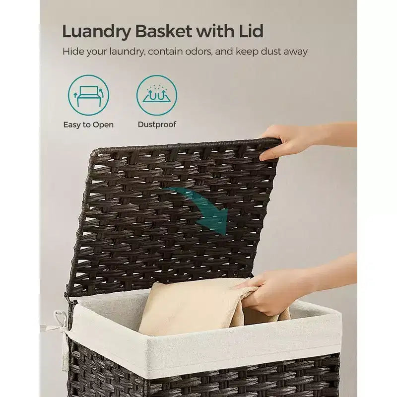 Storage Basket with Lid,Woven Blanket Storage Bin with Handles,Foldable,Removable Liner,Metal Frame,9.2 Gallons (35 L)