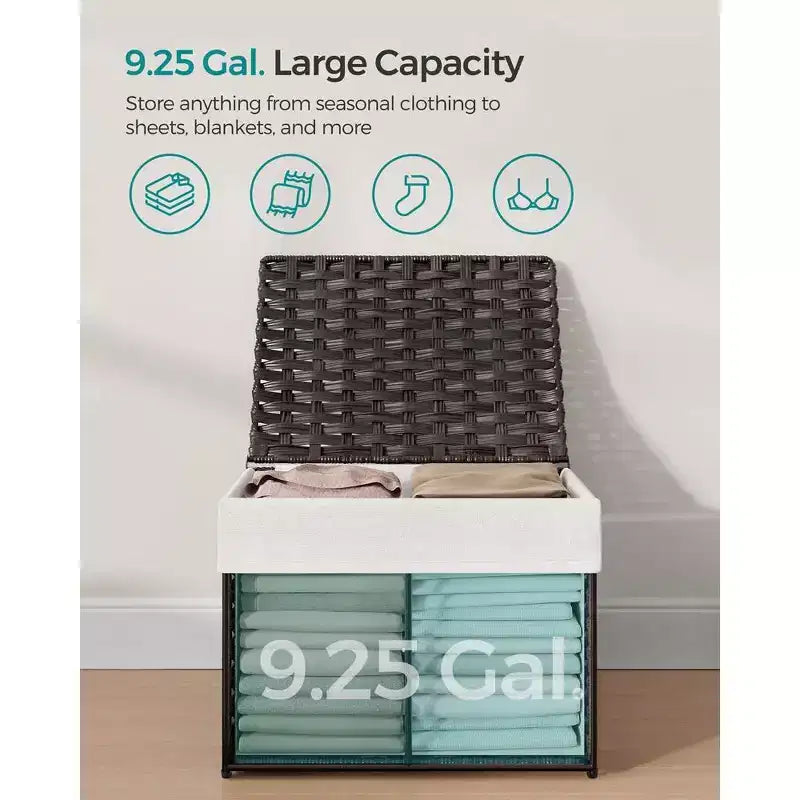 Storage Basket with Lid,Woven Blanket Storage Bin with Handles,Foldable,Removable Liner,Metal Frame,9.2 Gallons (35 L)