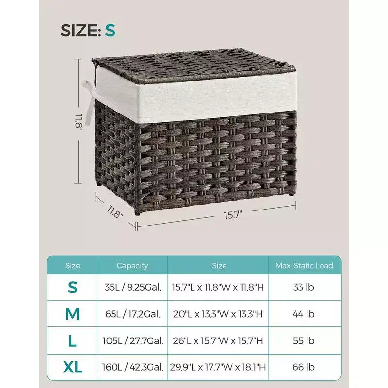 Storage Basket with Lid,Woven Blanket Storage Bin with Handles,Foldable,Removable Liner,Metal Frame,9.2 Gallons (35 L)