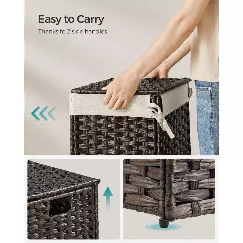 Storage Basket with Lid,Woven Blanket Storage Bin with Handles,Foldable,Removable Liner,Metal Frame,9.2 Gallons (35 L)