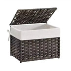 SONGMICS Storage Basket with Lid,Woven Blanket Storage Bin with Handles,Foldable,Removable Liner,Metal Frame,9.2 Gallons (35 L)