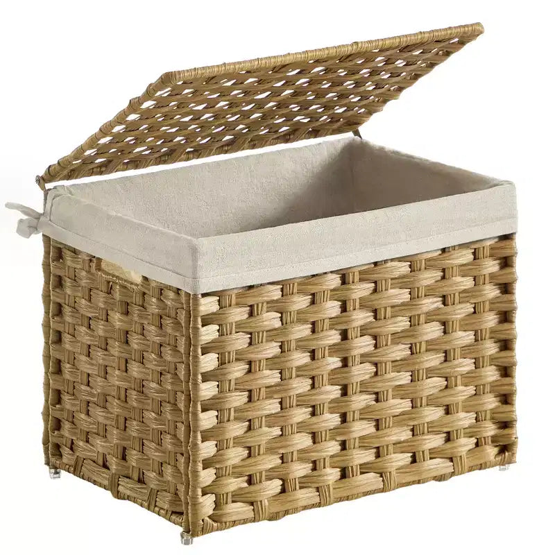Storage Basket with Lid,Woven Blanket Storage Bin with Handles,Foldable,Removable Liner,Metal Frame,9.2 Gallons (35 L)