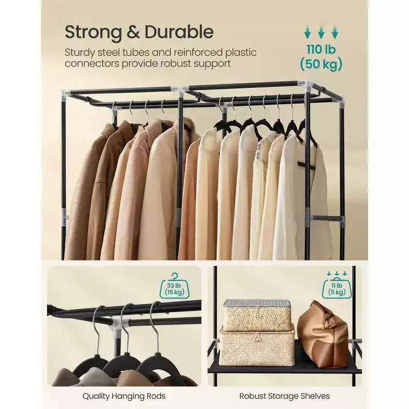 Portable Closet, Wardrobe Closet Organizer with Cover, 2 Hanging Rods and Shelves, 4 Side Pockets, Large Capacity, Ink Black