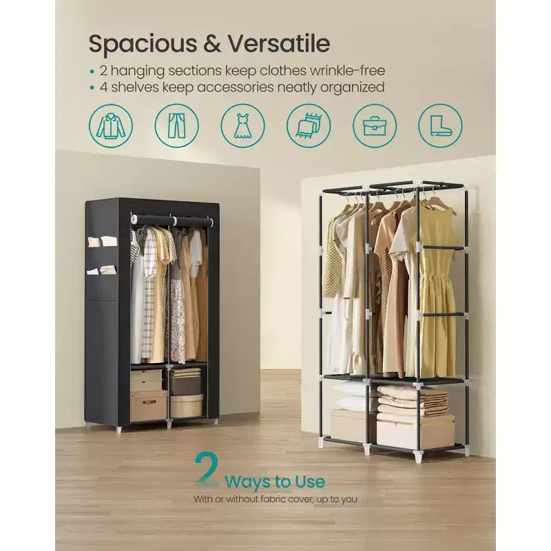 Portable Closet, Wardrobe Closet Organizer with Cover, 2 Hanging Rods and Shelves, 4 Side Pockets, Large Capacity, Ink Black