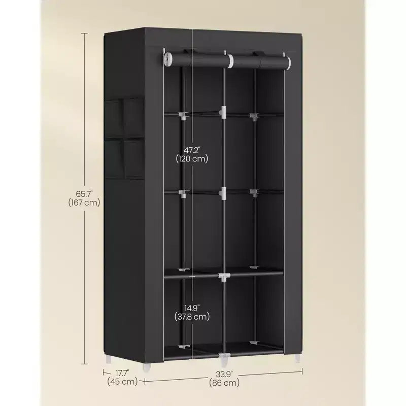 Portable Closet, Wardrobe Closet Organizer with Cover, 2 Hanging Rods and Shelves, 4 Side Pockets, Large Capacity, Ink Black
