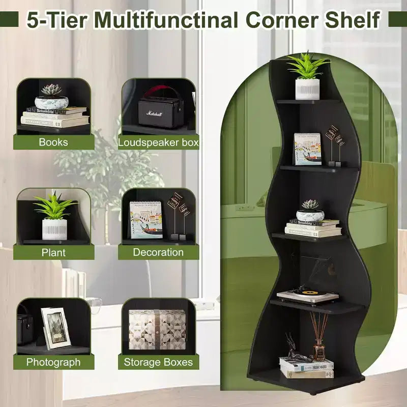 Wall Corner Shelf,5-Tier Floating Bookshelf for Modern Home - Space-Saving Storage & Display Unit,Black