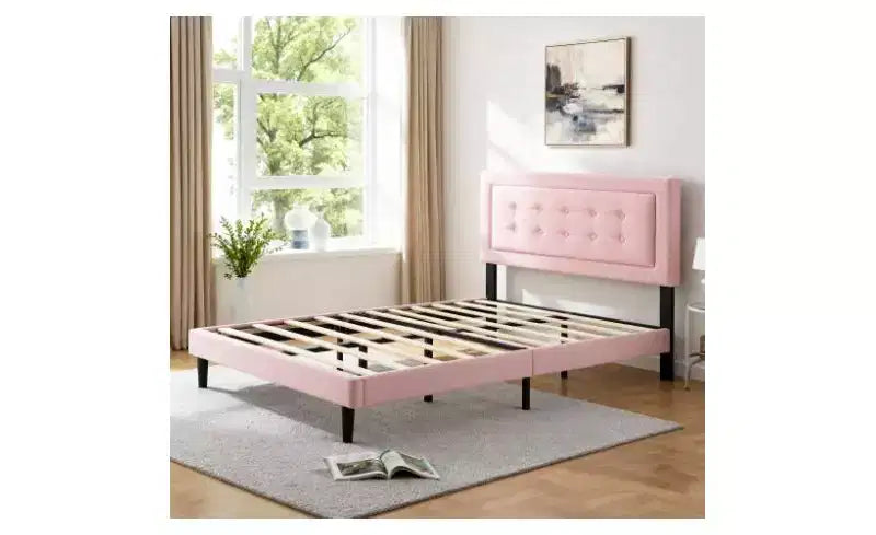 Modern Queen Size Platform Bed Frame with Velvet/Linen Upholstered Headboard & Slats Support,Classic Wooden Bed for Primary Bedroom