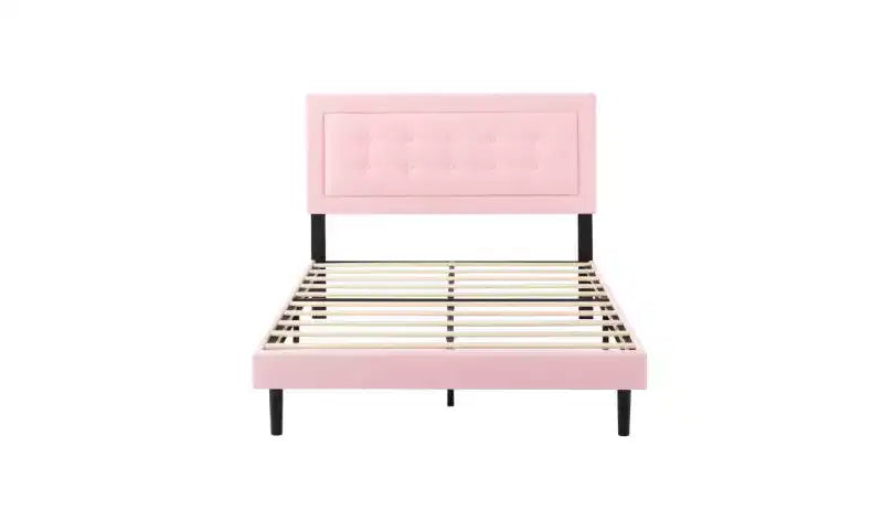 Modern Queen Size Platform Bed Frame with Velvet/Linen Upholstered Headboard & Slats Support,Classic Wooden Bed for Primary Bedroom