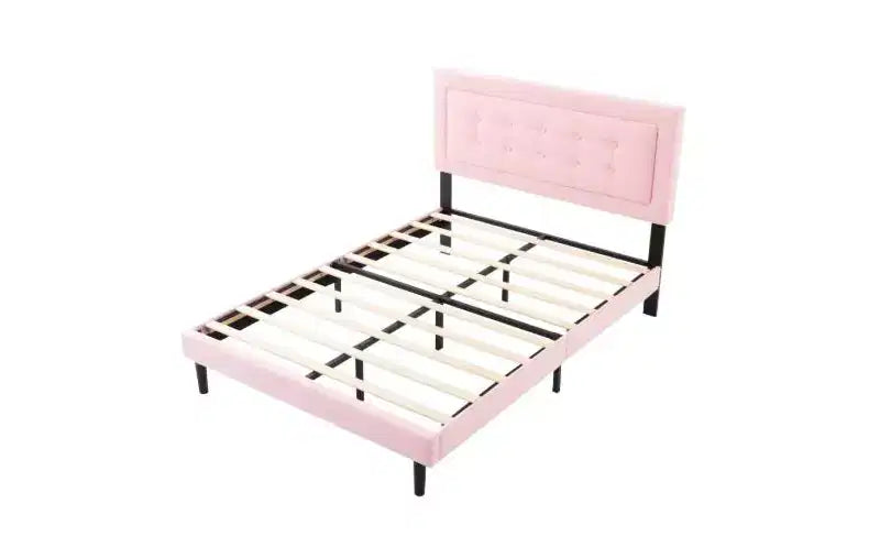 Modern Queen Size Platform Bed Frame with Velvet/Linen Upholstered Headboard & Slats Support,Classic Wooden Bed for Primary Bedroom