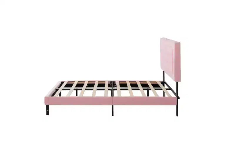 Modern Queen Size Platform Bed Frame with Velvet/Linen Upholstered Headboard & Slats Support,Classic Wooden Bed for Primary Bedroom