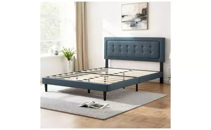 Modern Queen Size Platform Bed Frame with Velvet/Linen Upholstered Headboard & Slats Support,Classic Wooden Bed for Primary Bedroom