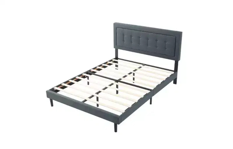 Modern Queen Size Platform Bed Frame with Velvet/Linen Upholstered Headboard & Slats Support,Classic Wooden Bed for Primary Bedroom