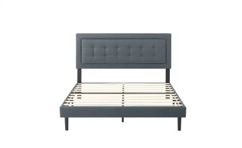 Modern Queen Size Platform Bed Frame with Velvet/Linen Upholstered Headboard & Slats Support,Classic Wooden Bed for Primary Bedroom