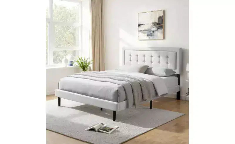 Modern Queen Size Platform Bed Frame with Velvet/Linen Upholstered Headboard & Slats Support,Classic Wooden Bed for Primary Bedroom