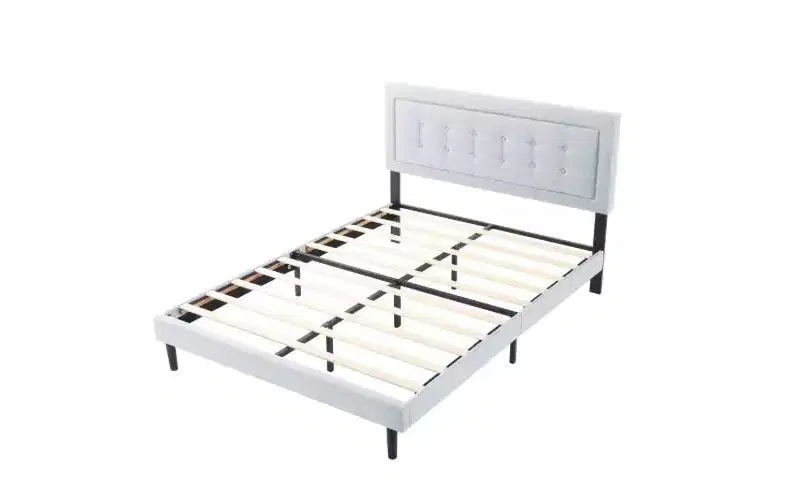 Modern Queen Size Platform Bed Frame with Velvet/Linen Upholstered Headboard & Slats Support,Classic Wooden Bed for Primary Bedroom