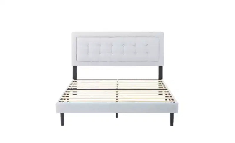 Modern Queen Size Platform Bed Frame with Velvet/Linen Upholstered Headboard & Slats Support,Classic Wooden Bed for Primary Bedroom