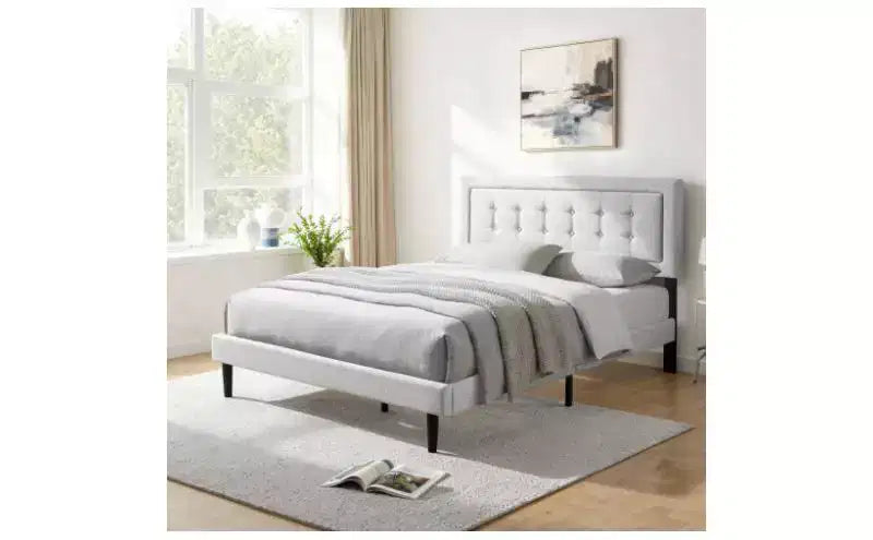Modern Queen Size Platform Bed Frame with Velvet/Linen Upholstered Headboard & Slats Support,Classic Wooden Bed for Primary Bedroom