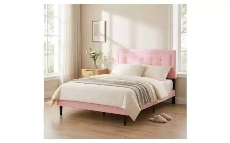 Modern Queen Size Platform Bed Frame with Velvet/Linen Upholstered Headboard & Slats Support,Classic Wooden Bed for Primary Bedroom