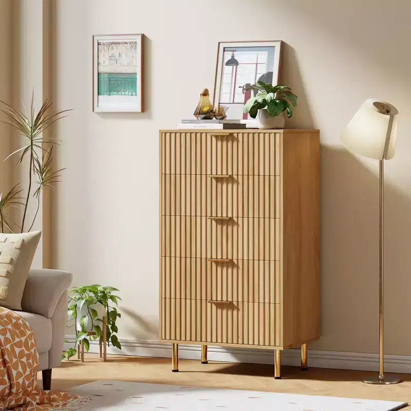 5 Drawer Dresser for Bedroom, 48 in Tall Modern Chest of Drawers with Deep Drawers and Wide Top, Fluted Wooden Dresser Organizer for Living Room
