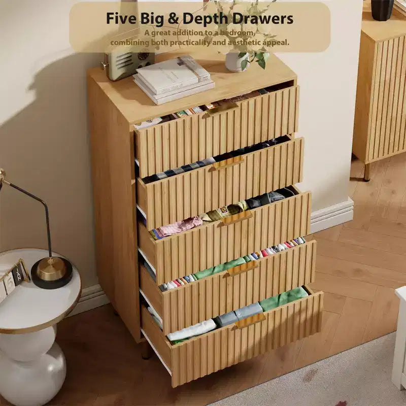 5 Drawer Dresser for Bedroom, 48 in Tall Modern Chest of Drawers with Deep Drawers and Wide Top, Fluted Wooden Dresser Organizer for Living Room