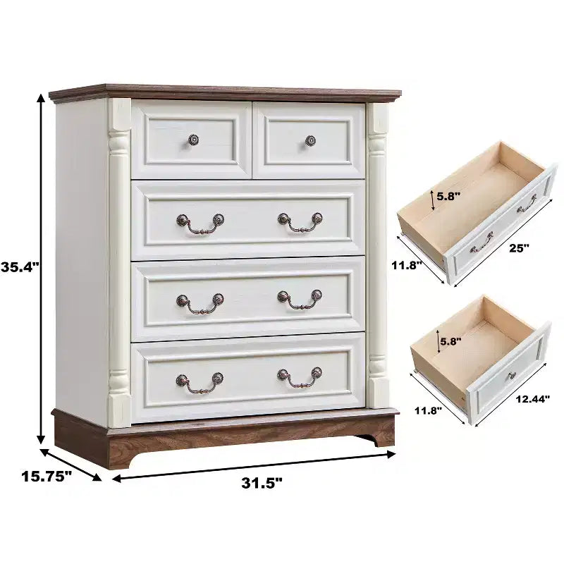 Chest of Drawers, Farmhouse Style 5 Drawer Dresser, Wooden Rustic Large Capacity Nightstand Cabinet for Home Office, Living Room, Bedroom