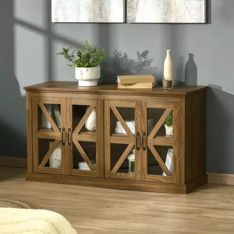 Rustic Kitchen Sideboard, Glass Door Buffet Cabinet, TV Stand with Adjustable Shelf for Dining Room