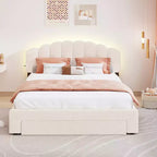 Queen Size Upholstered Teddy Fleece Platform Bed with USB Ports and Drawer