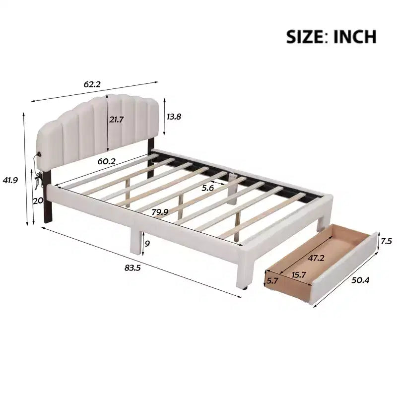 Queen Size Upholstered Teddy Fleece Platform Bed with USB Ports and Drawer