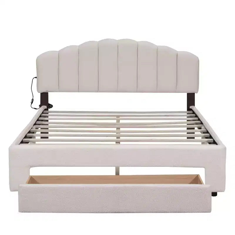 Queen Size Upholstered Teddy Fleece Platform Bed with USB Ports and Drawer