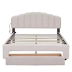Queen Size Upholstered Teddy Fleece Platform Bed with USB Ports and Drawer