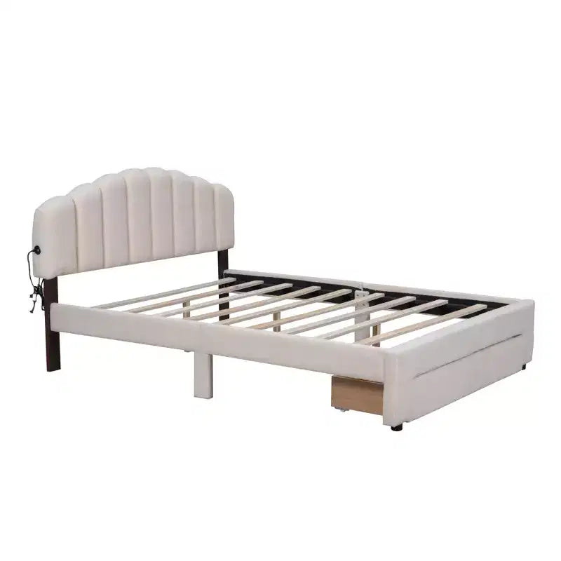 Queen Size Upholstered Teddy Fleece Platform Bed with USB Ports and Drawer