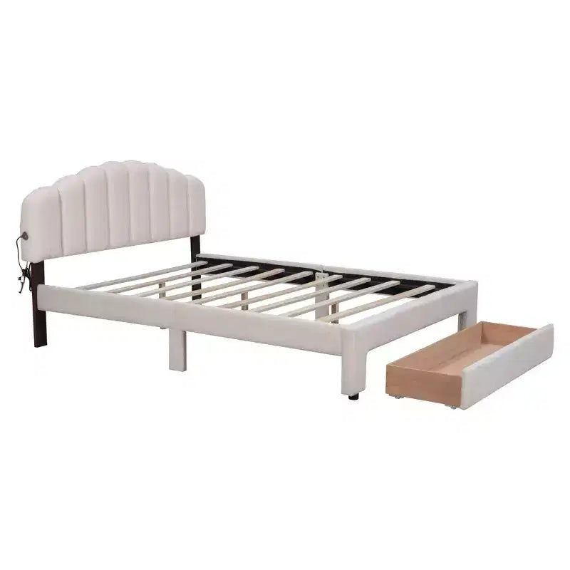 Queen Size Upholstered Teddy Fleece Platform Bed with USB Ports and Drawer